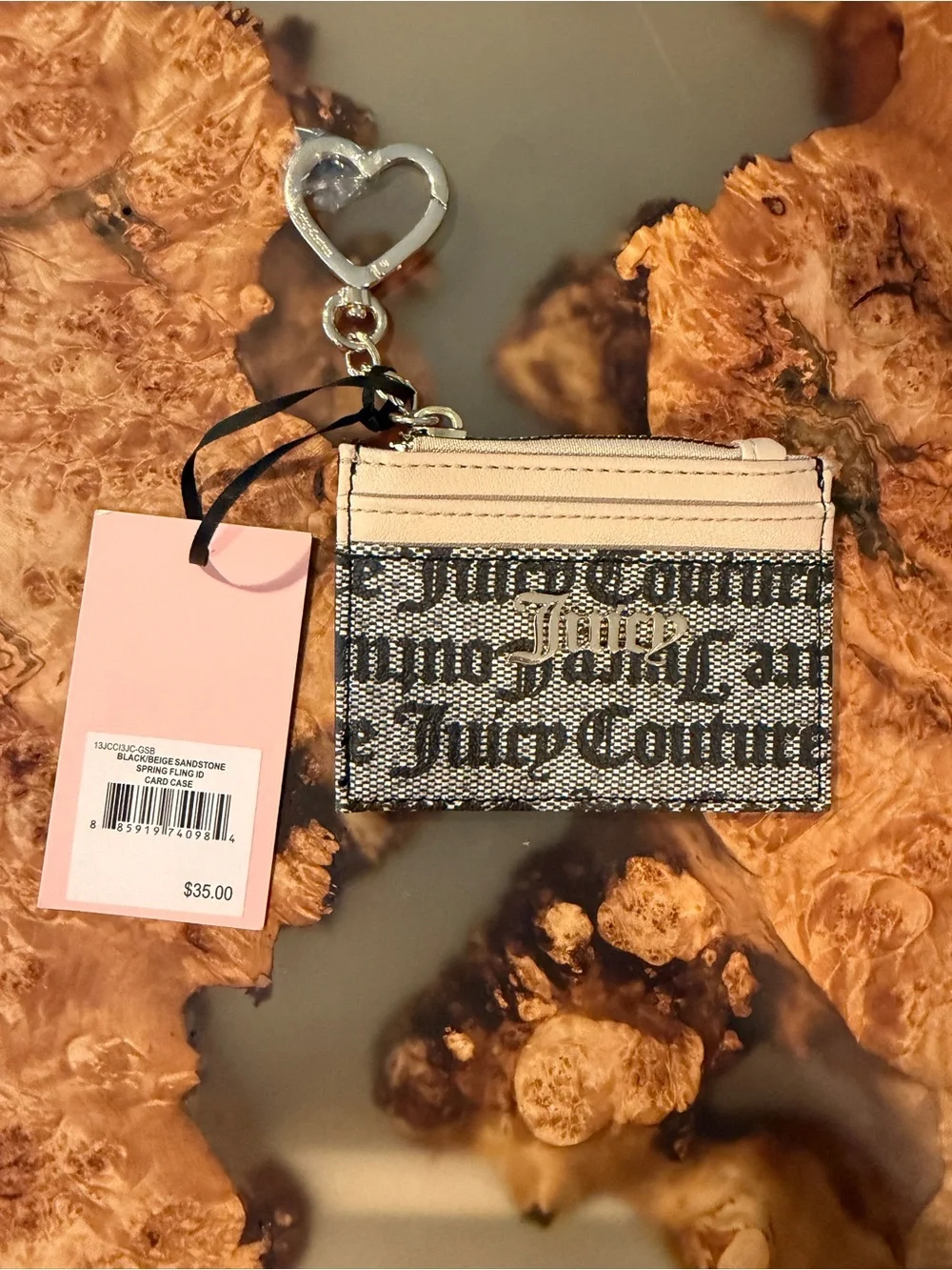 Juicy Couture Black and Pink Card Holder Keychain with Heart Charm